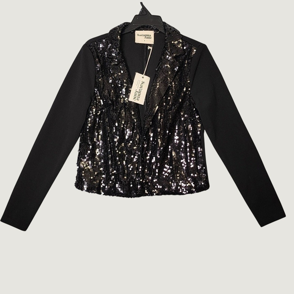 Savanna Jane Black Sequin Blazer Jacket Womens Small Open Front Holiday Party